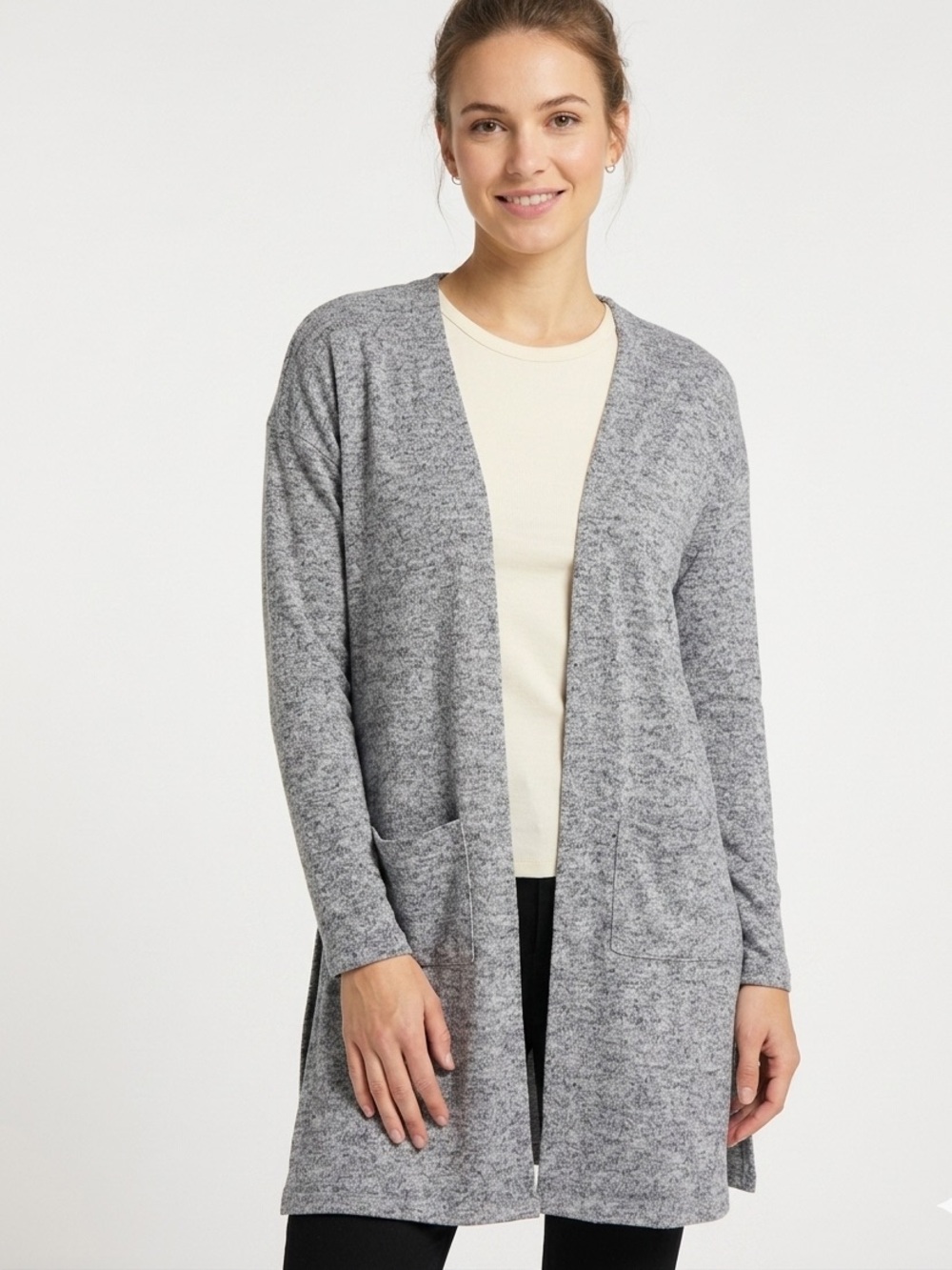 Inspired Hearts Gray Marl Longline Cardigan Sweater Open Front Pockets Small